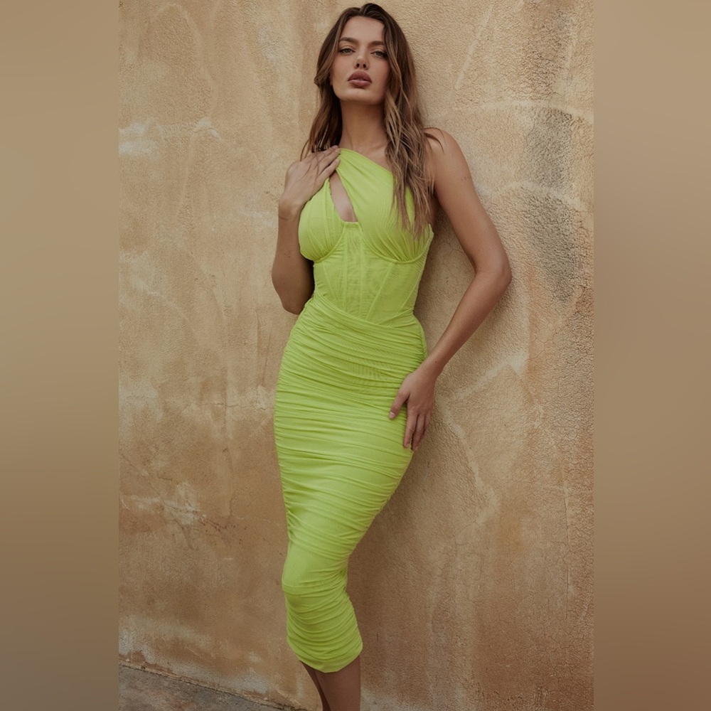 NWT House of CB Valentina Lime Asymmetric Cutout Midi Dress Size XS - Picture 7 of 14